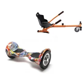 10 inch Hoverboard with Standard Hoverkart, Off-Road HipHop Orange, Extended Range and Orange Ergonomic Seat, Smart Balance