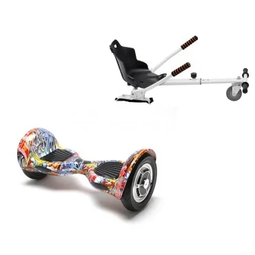10 inch Hoverboard with Standard Hoverkart, Off-Road HipHop Orange, Standard Range and White Ergonomic Seat, Smart Balance