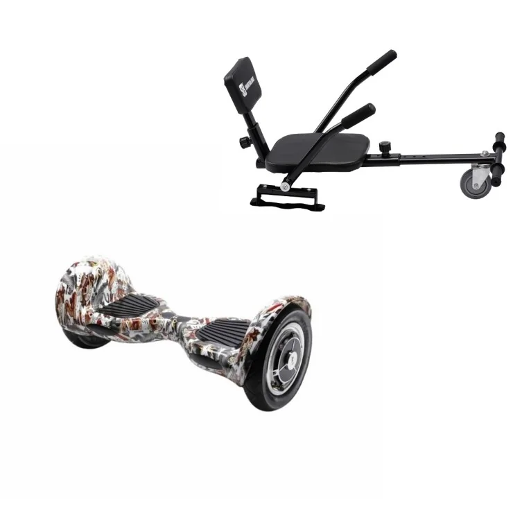 10 inch Hoverboard met Comfort Hoverkart, Off-Road Tattoo, Verlengde Afstand en Zwarte Comfort Hoverkart, Smart Balance