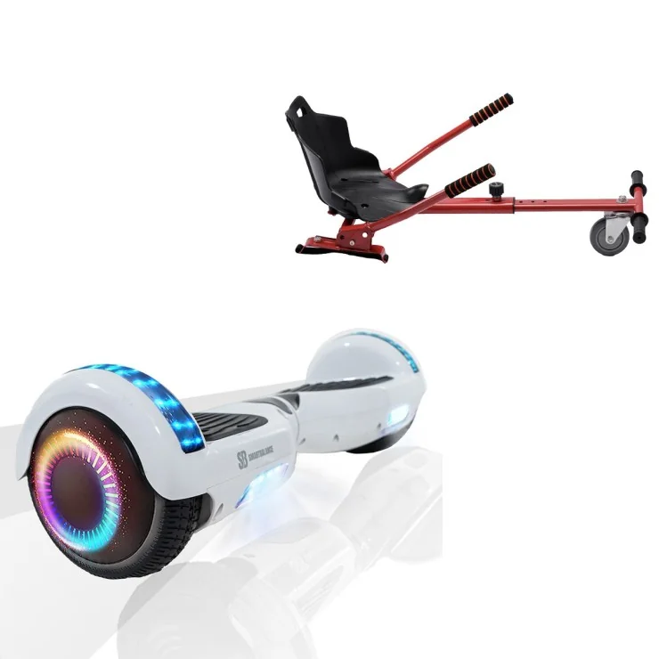 6.5 inch Hoverboard met Standaard Hoverkart, Regular White Pearl PRO, Verlengde Afstand en Rood Hoverkart, Smart Balance