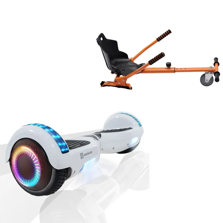 6.5 inch Hoverboard with Standard Hoverkart, Regular White Pearl PRO, Extended Range and Orange Ergonomic Seat, Smart Balance