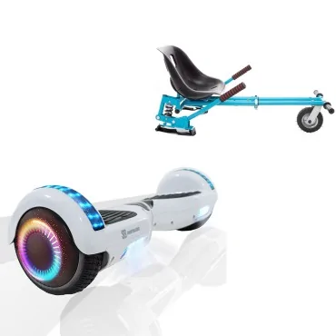 6.5 inch Hoverboard with Suspensions Hoverkart, Regular White Pearl PRO, Standard Range and Blue Seat with Double Suspension Set, Smart Balance