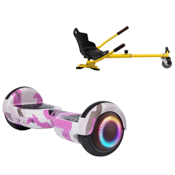 Paket Hoverboard Standard Go Kart 6.5 tums, Regular Camouflage Pink PRO, Lång Räckvidd och Gul Hoverkart, Smart Balance