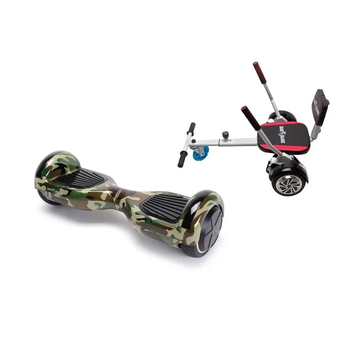 Hoverboard 6.5 pouces avec Hoverkart, Premium Soft Siège, Bluetooth & Lumières LED, 15 km/h, Certifié UL2272, Puissance 700W, Batterie 4Ah, Smart Balance, Regular Camouflage Green, Gyropode Overboard, Auto-équilibrant