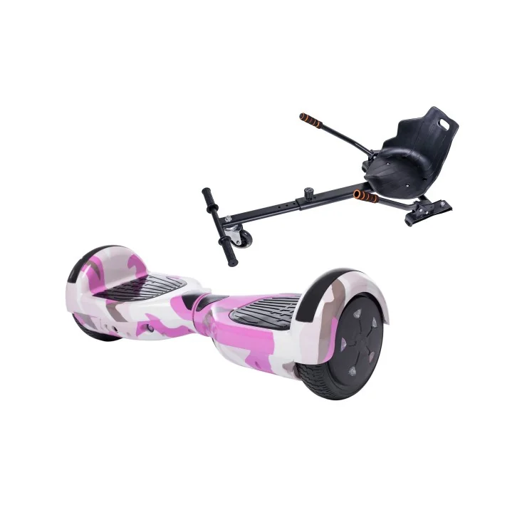 Hoverboard 6.5 pouces avec Hoverkart, Siège Ergonomique, Bluetooth & Lumières LED, 15 km/h, Certifié UL2272, Puissance 700W, Batterie 4Ah, Smart Balance, Regular Camouflage Pink, Gyropode Overboard, Auto-équilibrant