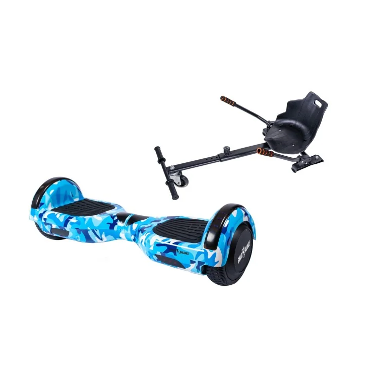 Hoverboard 6.5 pouces avec Hoverkart, Siège Ergonomique, Bluetooth & Lumières LED, 15 km/h, Certifié UL2272, Puissance 700W, Batterie 4Ah, Smart Balance, Regular Camouflage Blue, Gyropode Overboard, Auto-équilibrant