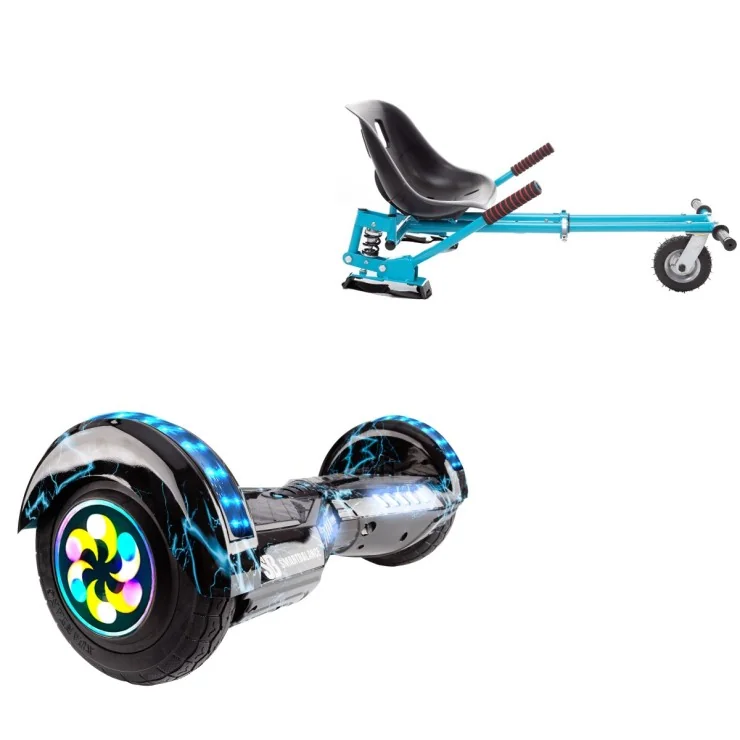 8 inch Hoverboard with Suspensions Hoverkart, Transformers Thunderstorm Blue PRO, Extended Range and Blue Seat with Double Suspension Set, Smart Balance