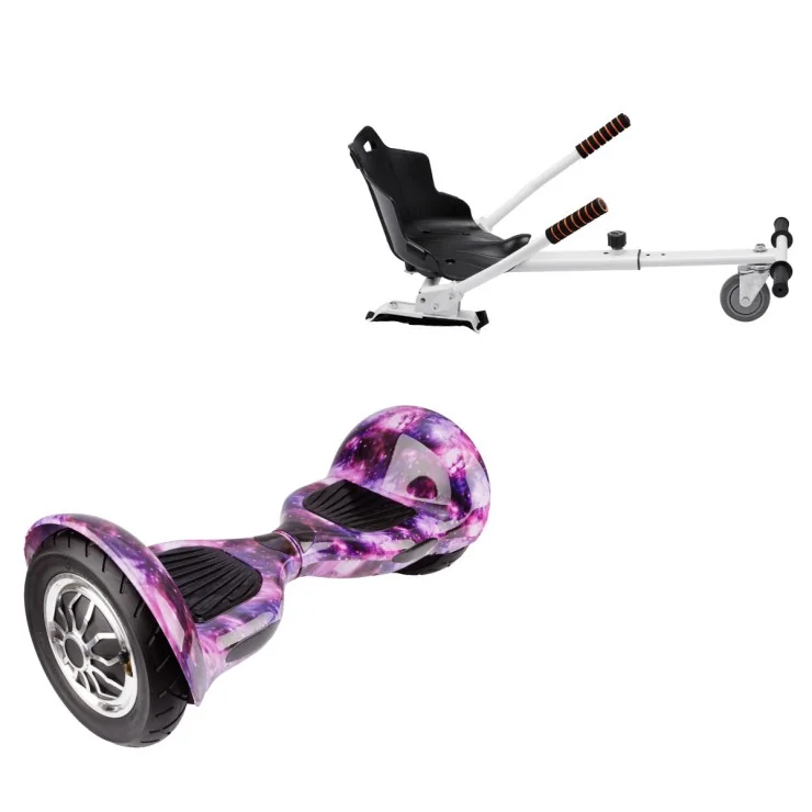 10 inch Hoverboard with Standard Hoverkart, Off-Road Galaxy, Extended Range and White Ergonomic Seat, Smart Balance