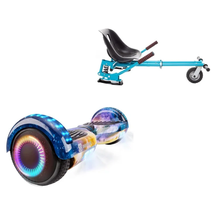 Hoverboard 6.5 Pouces et Hoverkart avec Amortisseurs, Regular Galaxy Orange PRO, Grande Autonomie et Hoverkart Bleu avec Amortisseurs, Smart Balance