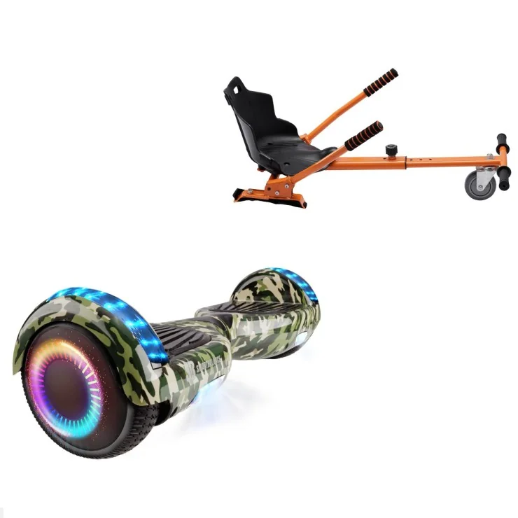 6.5 Zoll Hoverboard mit Standard Sitz, Regular Camouflage PRO, Maximale Reichweite und Orange Hoverboard Sitz, Smart Balance