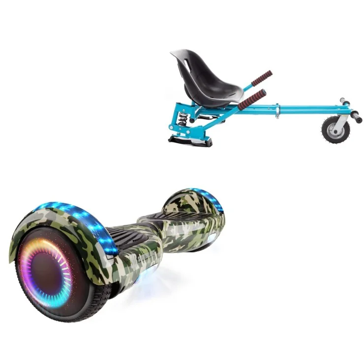 6.5 inch Hoverboard with Suspensions Hoverkart, Regular Camouflage PRO, Extended Range and Blue Seat with Double Suspension Set, Smart Balance