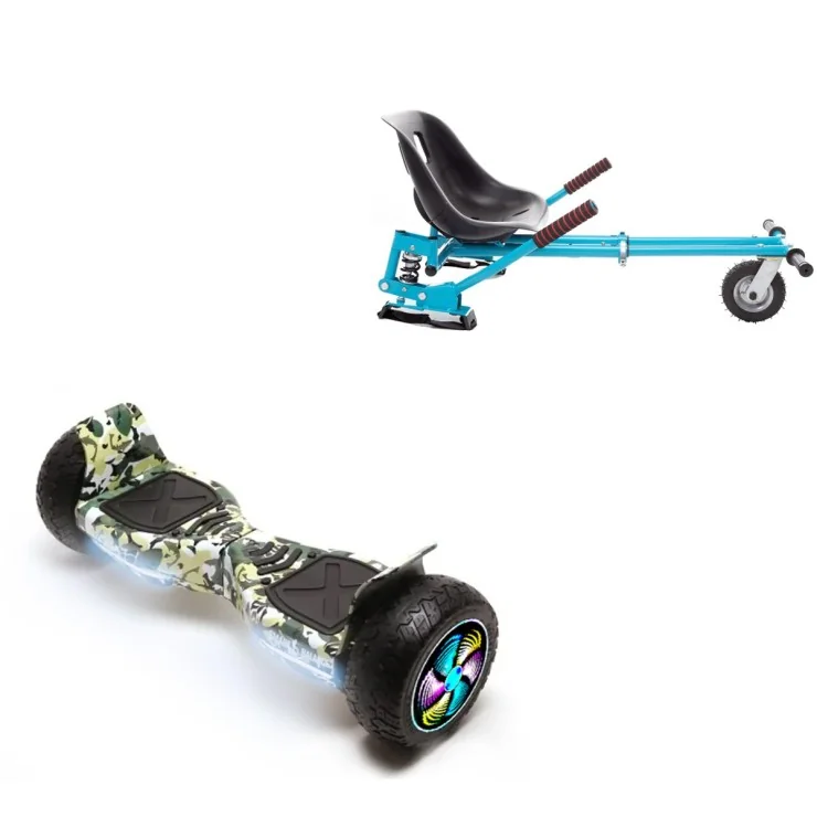 8.5 inch Hoverboard with Suspensions Hoverkart, Hummer Camouflage PRO, Extended Range and Blue Seat with Double Suspension Set, Smart Balance