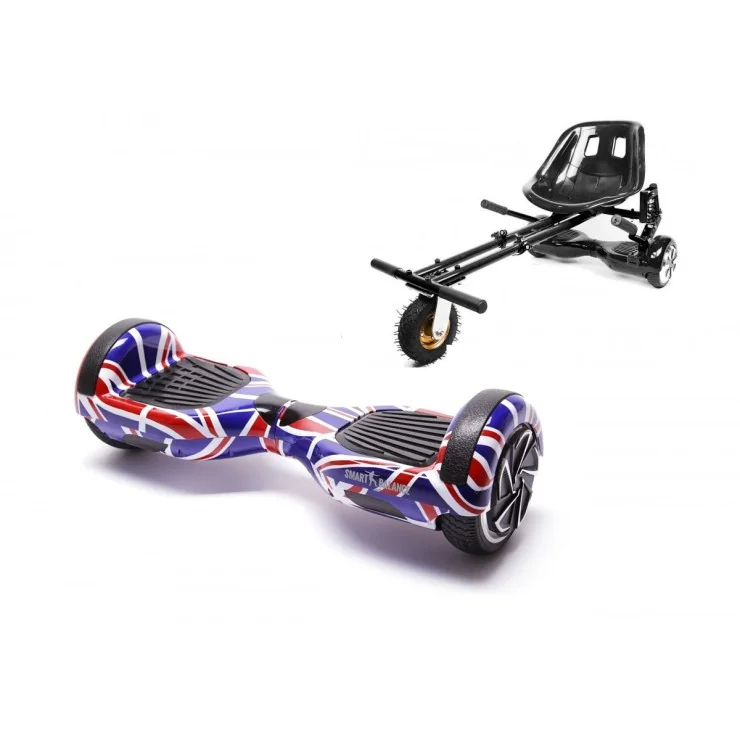 Hoverboard 6.5 pouces avec Hoverkart, Suspension PRO Siège, Noir, Bluetooth & Lumières LED, 15 km/h, Certifié UL2272, Puissance 700W, Batterie 4Ah, Smart Balance, Regular England, Gyropode Overboard, Auto-équilibrant