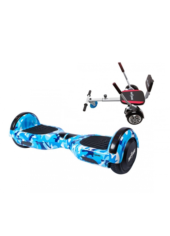 Hoverboard Go-Kart Pack, Smart Balance Regular Camouflage Blue, 6.5 INCH, Dual Motors 36V, 700Wat, Bluetooth Speakers, LED Ligh