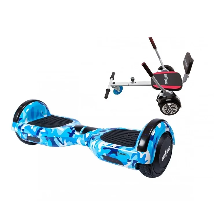 Hoverboard 6.5 pouces avec Hoverkart, Premium Soft Siège, Bluetooth & Lumières LED, 15 km/h, Certifié UL2272, Puissance 700W, Batterie 4Ah, Smart Balance, Regular Camouflage Blue, Gyropode Overboard, Auto-équilibrant