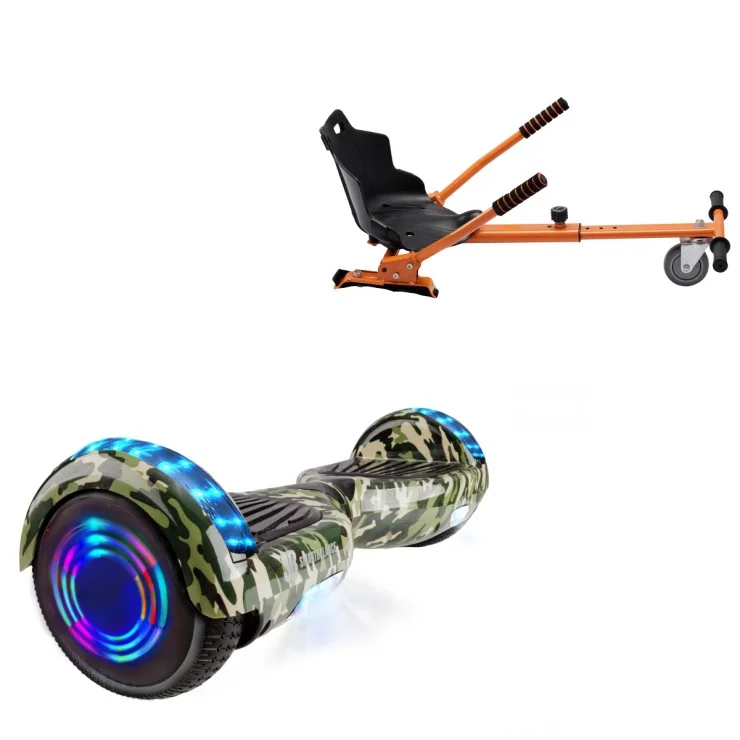 6.5 Zoll Hoverboard mit Standard Sitz, Regular Camouflage Green Junior, Standard Reichweite und Orange Hoverboard Sitz, Smart Balance