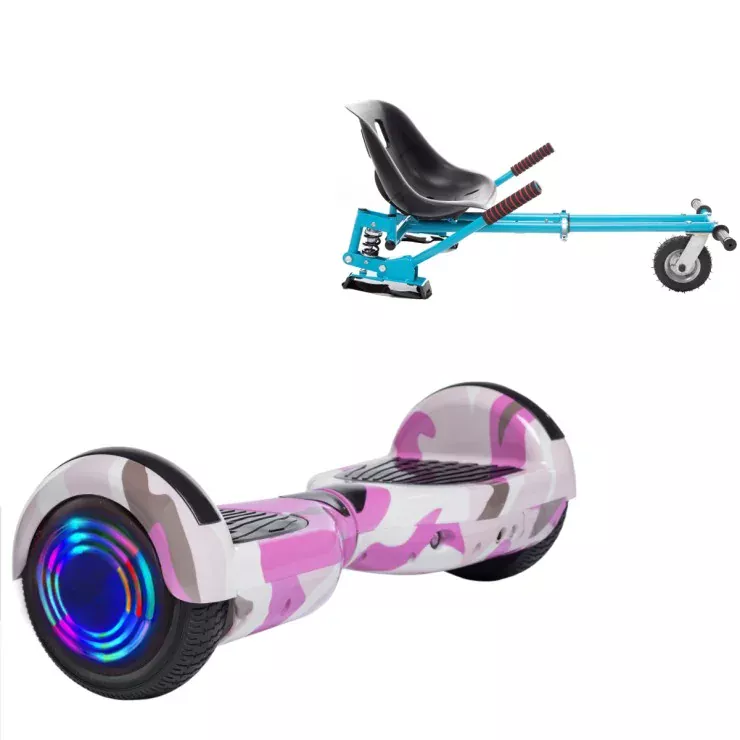 6.5 inch Hoverboard with Suspensions Hoverkart, Regular Camouflage Pink Junior, Standard Range and Blue Seat with Double Suspension Set, Smart Balance