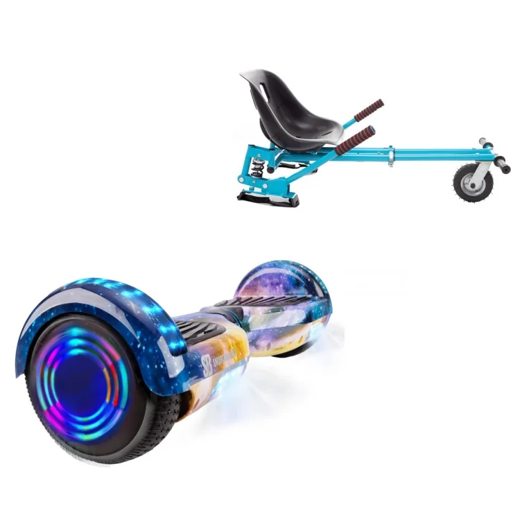 6.5 inch Hoverboard with Suspensions Hoverkart, Regular Galaxy Orange Junior, Standard Range and Blue Seat with Double Suspension Set, Smart Balance