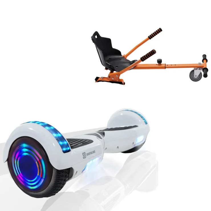 6.5 inch Hoverboard with Standard Hoverkart, Regular White Pearl Junior, Standard Range and Orange Ergonomic Seat, Smart Balance