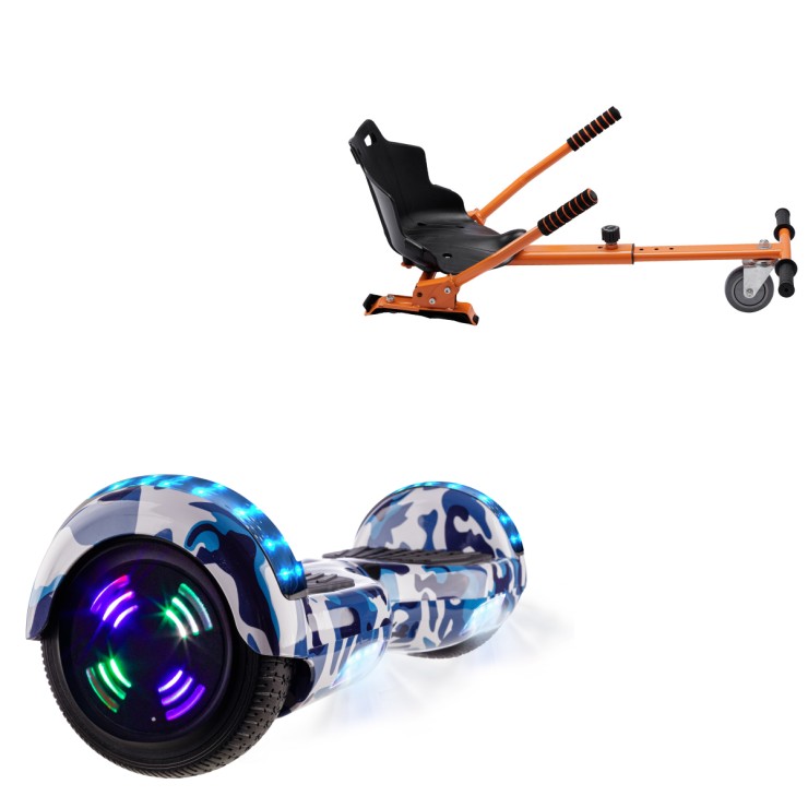 6.5 inch Hoverboard with Standard Hoverkart, Regular Camouflage Blue Junior, Standard Range and Orange Ergonomic Seat, Smart Balance