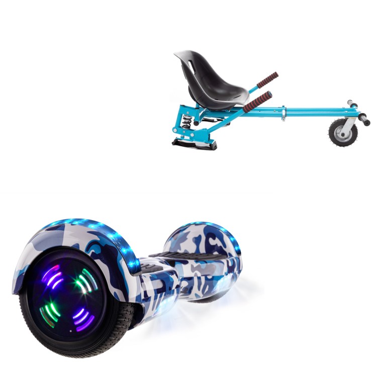 6.5 inch Hoverboard with Suspensions Hoverkart, Regular Camouflage Blue Junior, Standard Range and Blue Seat with Double Suspension Set, Smart Balance