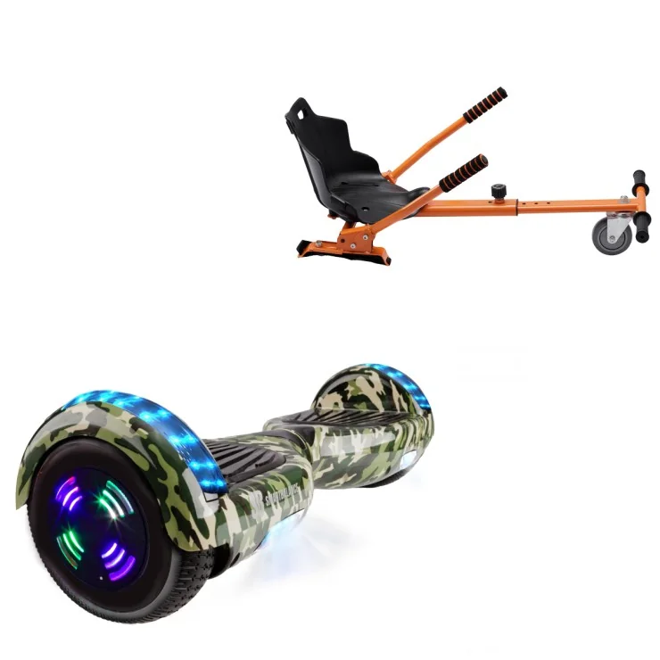 6.5 Zoll Hoverboard mit Standard Sitz, Regular Camouflage Green Junior, Standard Reichweite und Orange Hoverboard Sitz, Smart Balance