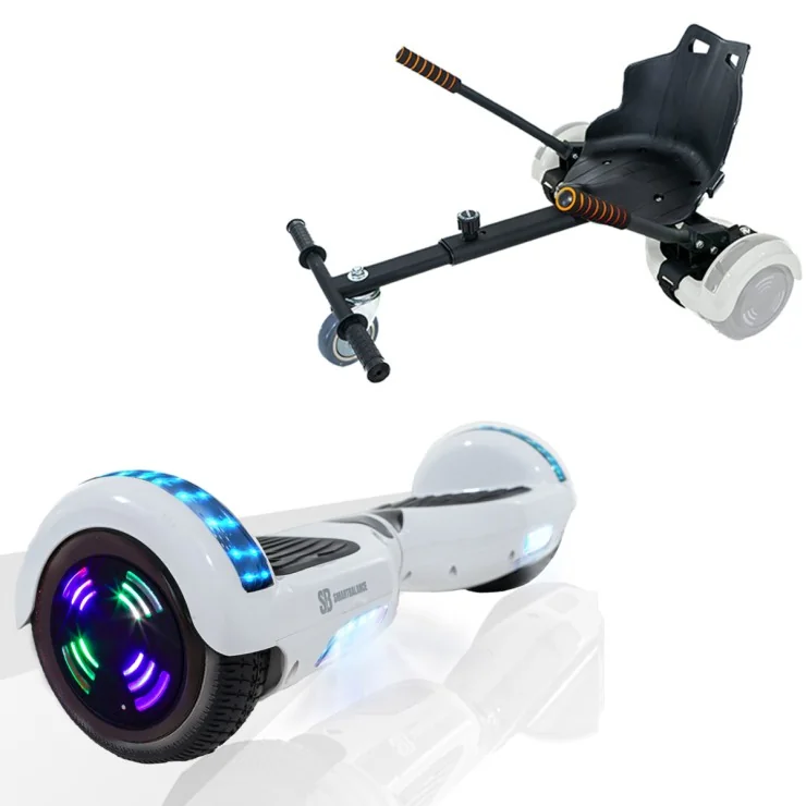 6.5 inch Hoverboard with Standard Hoverkart, Regular White Pearl Junior, Standard Range and Black Ergonomic Seat, Smart Balance