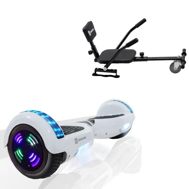 6.5 inch Hoverboard with Comfort Hoverkart, Regular White Pearl Junior, Standard Range and Black Comfort Seat, Smart Balance