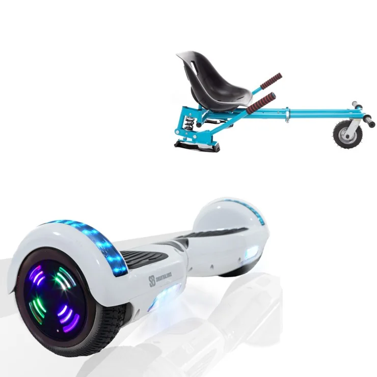 6.5 inch Hoverboard with Suspensions Hoverkart, Regular White Pearl Junior, Standard Range and Blue Seat with Double Suspension Set, Smart Balance