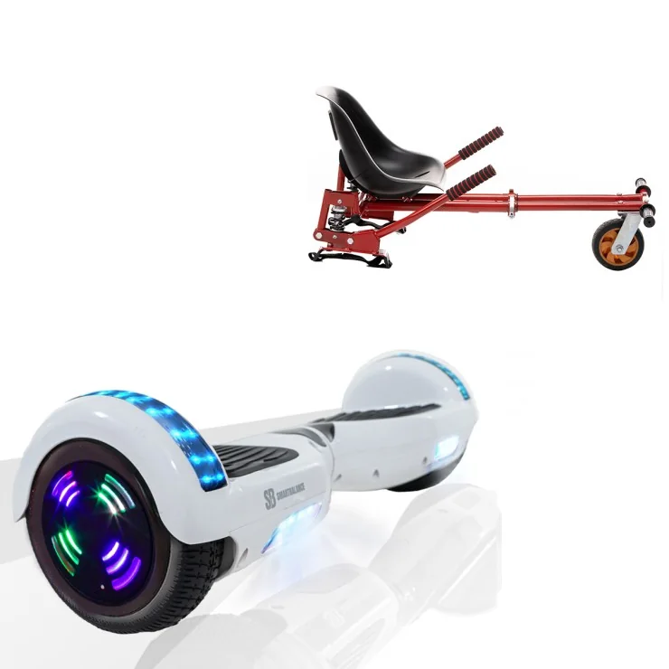 6.5 inch Hoverboard with Suspensions Hoverkart, Regular White Pearl Junior, Standard Range and Red Seat with Double Suspension Set, Smart Balance