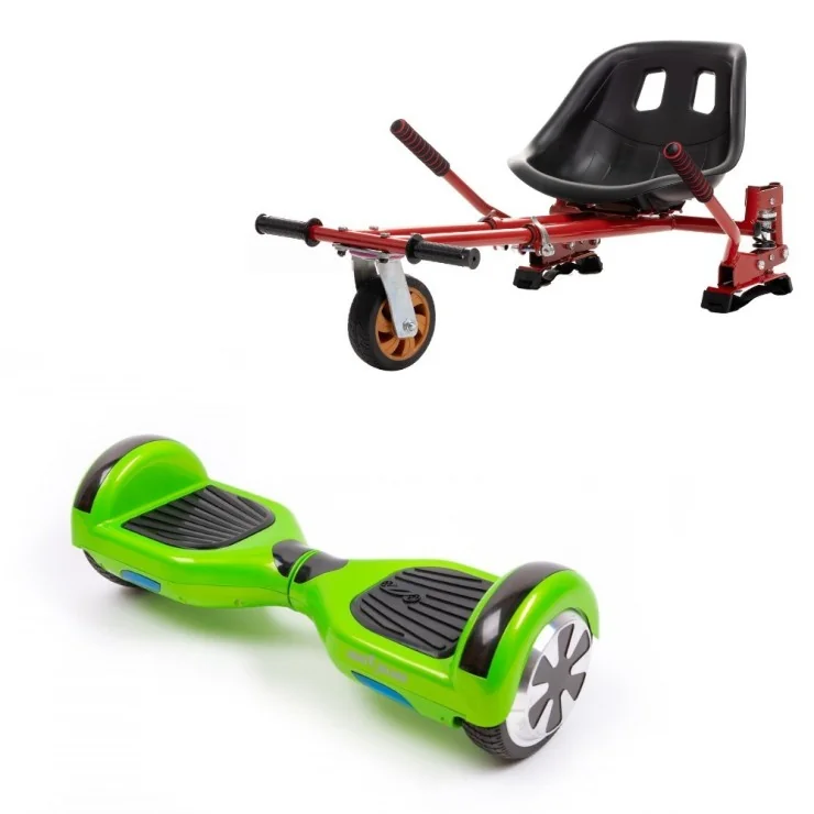 6.5 inch Hoverboard with Hoverkart, Suspension PRO Seat, Red, 15 km/h, UL2272 Certified, Bluetooth, Led Lighting, 700W Power, 4Ah Battery, Smart Balance, Regular Green