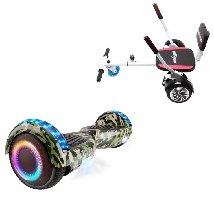 6.5 inch Hoverboard with Comfort Hoverkart, Regular Camouflage PRO, Extended Range and White Comfort Seat, Smart Balance