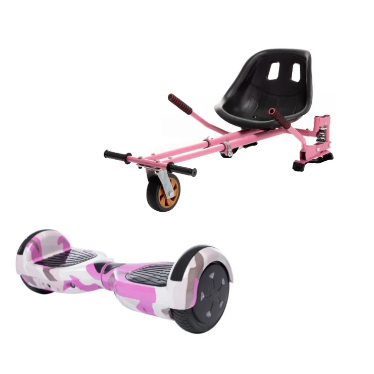 Hoverboard 6.5 pouces avec Hoverkart, Suspension PRO Siège, Rose, Bluetooth & Lumières LED, 15 km/h, Certifié UL2272, Puissance 700W, Batterie 4Ah, Smart Balance, Regular Camouflage Pink Handle, Gyropode Overboard, Auto-équilibrant