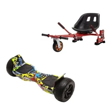 8.5 inch Hoverboard with Hoverkart, Suspension PRO Seat, Red, All-Terrain, 15 km/h, UL2272 Certified, Bluetooth, Led Lighting, 700W Power, 4Ah Battery, Smart Balance, Hummer HipHop