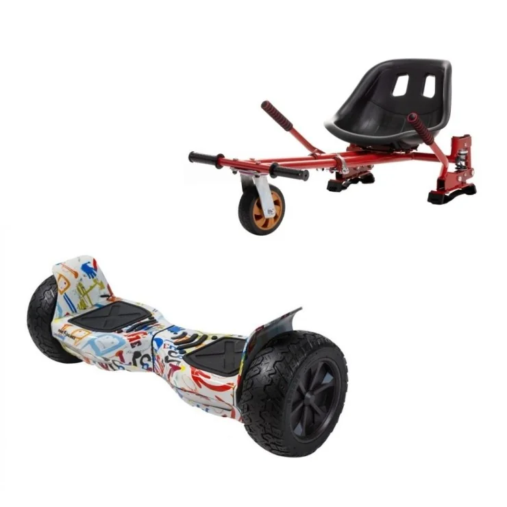 Hoverboard Tout Terrain 8.5 pouces avec Hoverkart, Suspension PRO Siège, Rouge, Bluetooth & Lumières LED, 15 km/h, Certifié UL2272, Puissance 700W, Batterie 4Ah, Smart Balance, Hummer Splash, Gyropode Overboard, Auto-équilibrant