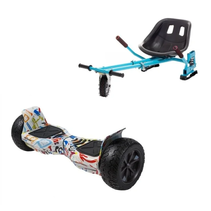 Hoverboard Tout Terrain 8.5 pouces avec Hoverkart, Suspension PRO Siège, Bleu, Bluetooth & Lumières LED, 15 km/h, Certifié UL2272, Puissance 700W, Batterie 4Ah, Smart Balance, Hummer Splash, Gyropode Overboard, Auto-équilibrant