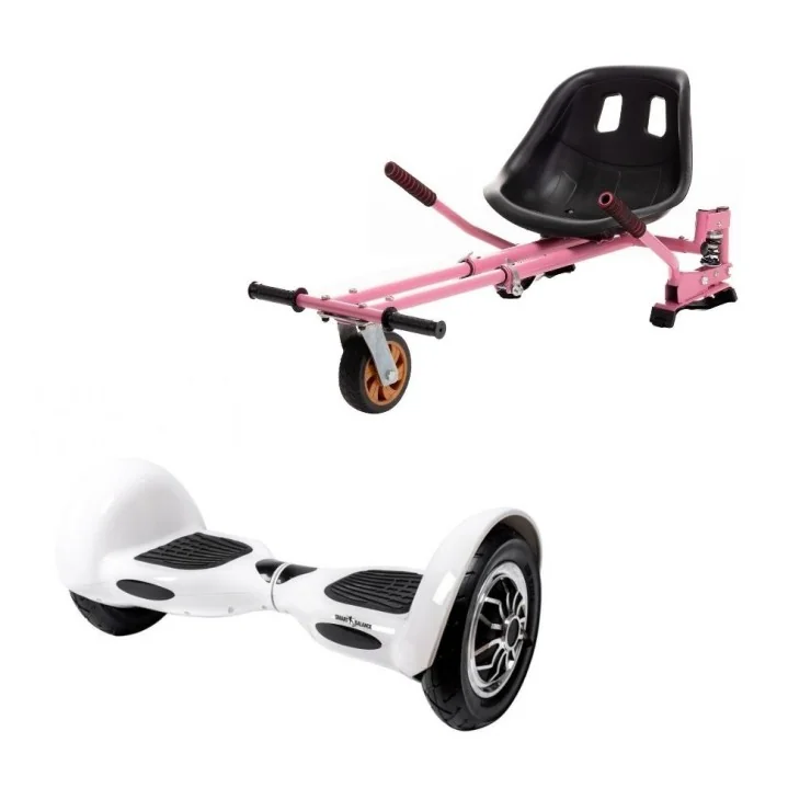 Hoverboard 10 pouces avec Hoverkart, Suspension PRO Siège, Rose, Bluetooth & Lumières LED, 15 km/h, Certifié UL2272, Puissance 700W, Batterie 4Ah, Smart Balance, OffRoad White, Gyropode Overboard, Auto-équilibrant