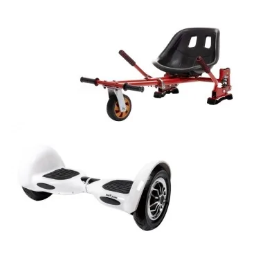 10 inch Hoverboard with Hoverkart, Suspension PRO Seat, Red, 15 km/h, UL2272 Certified, Bluetooth, Led Lighting, 700W Power, 4Ah Battery, Smart Balance, OffRoad White