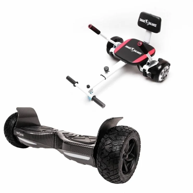 Hoverboard Tout Terrain 8.5 pouces avec Hoverkart, Premium Soft Siège, Bluetooth & Lumières LED, 15 km/h, Certifié UL2272, Puissance 700W, Batterie 4Ah, Smart Balance, Hummer Carbon, Gyropode Overboard, Auto-équilibrant