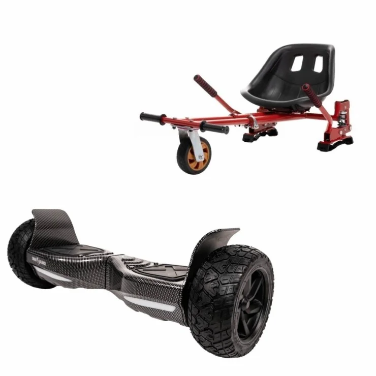 Hoverboard Tout Terrain 8.5 pouces avec Hoverkart, Suspension PRO Siège, Rouge, Bluetooth & Lumières LED, 15 km/h, Certifié UL2272, Puissance 700W, Batterie 4Ah, Smart Balance, Hummer Carbon, Gyropode Overboard, Auto-équilibrant